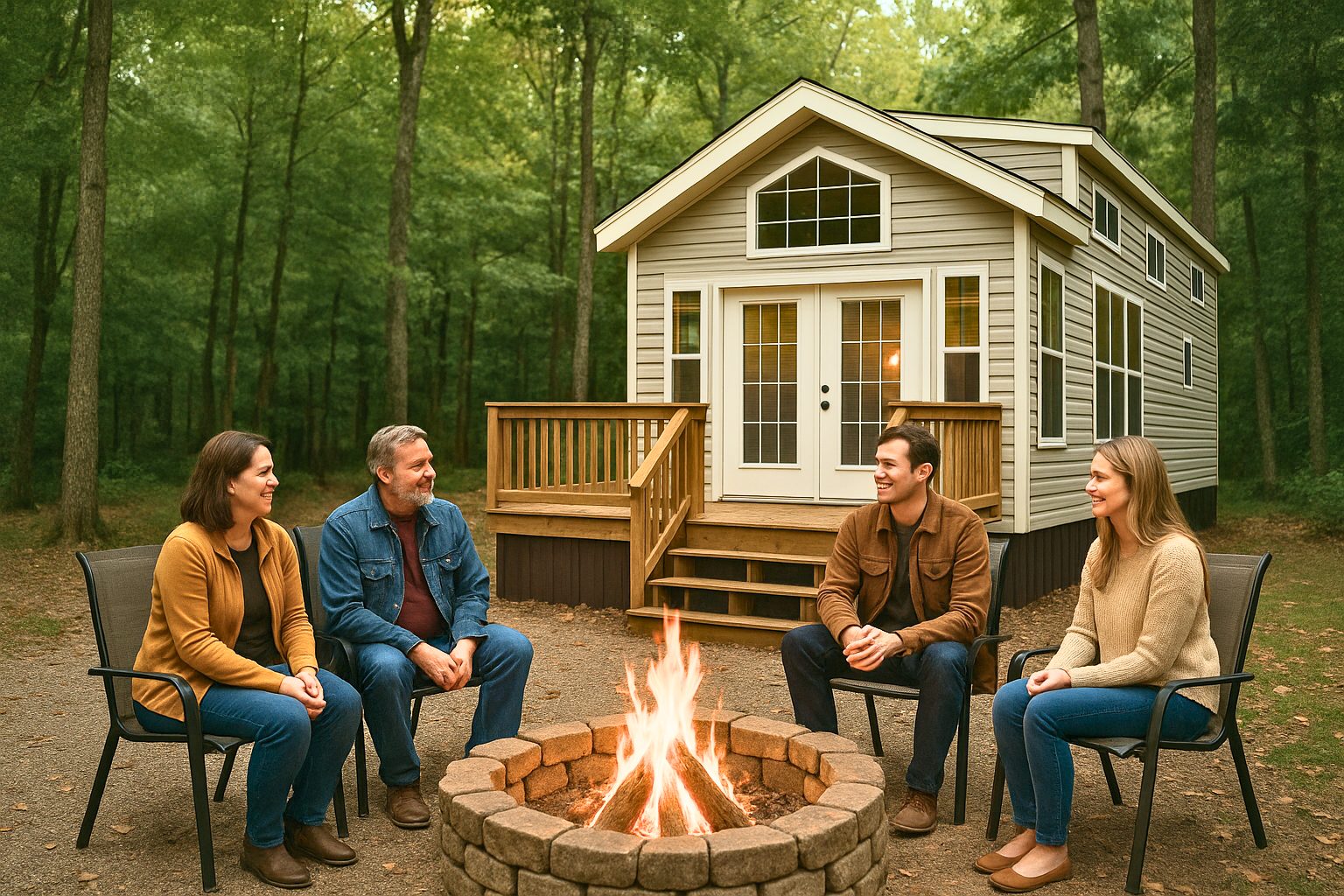 photo of park model in wooded lot with people gathered around a fire pit